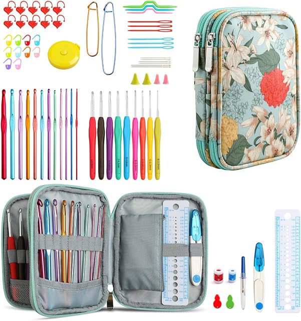 LOOEN 71 Pcs Crochet Hook Set, Crochet Accessories with Case, Soft Grips Crochet Hooks for Beginners (Green)