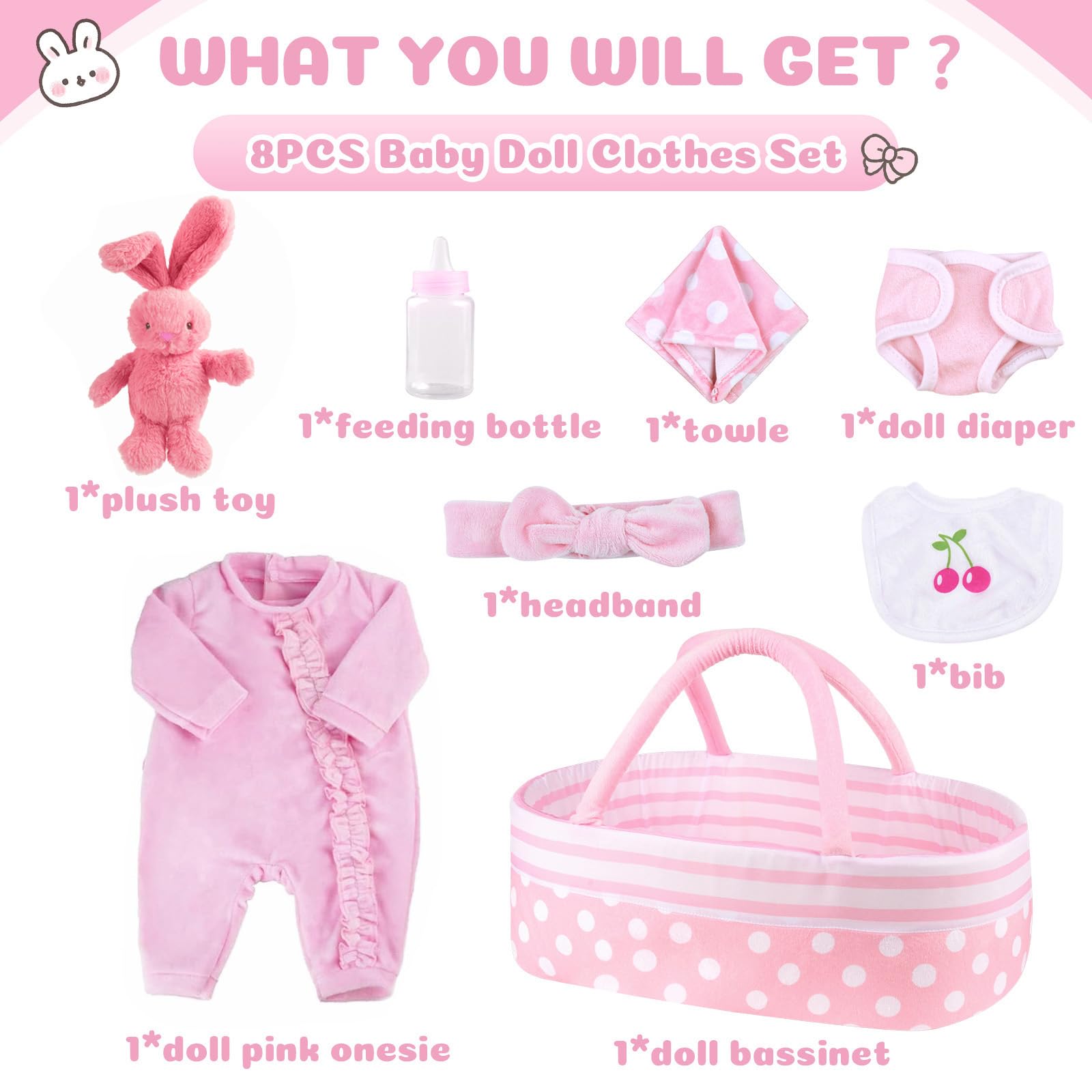BABESIDE Vestiti per Rinato Bambino Bambole da 8 Pezzi con Culla Adatto a Bambole da 17-22 Pollici, Vestiti per Bambole, Accessori di Abbigliamento (rosa)
