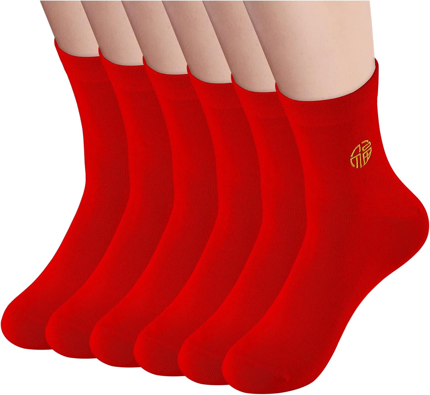 Men's Red Socks Crew Sports Casual Calf Socks, New Year Socks,Size 6-10 or 11-14,Red Embroidery (Fu) (6 Prs)
