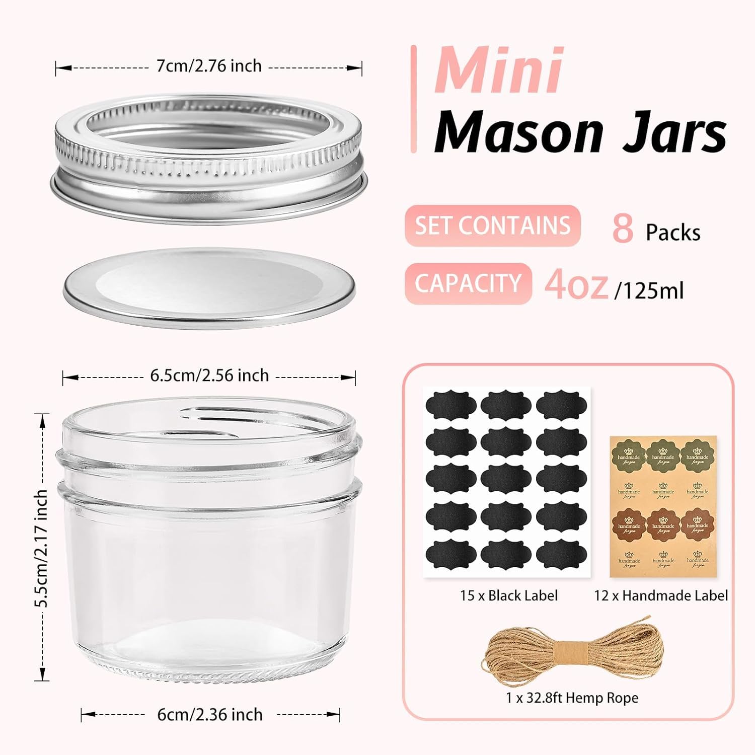 TUZAZO Mini tarros Mason de 4 onzas, paquete de 8 tarros de vidrio de boca ancha con tapas, pequeños recipientes de conservas para mermelada, especias, miel, gelatina, pudín, postre, tarro para hacer