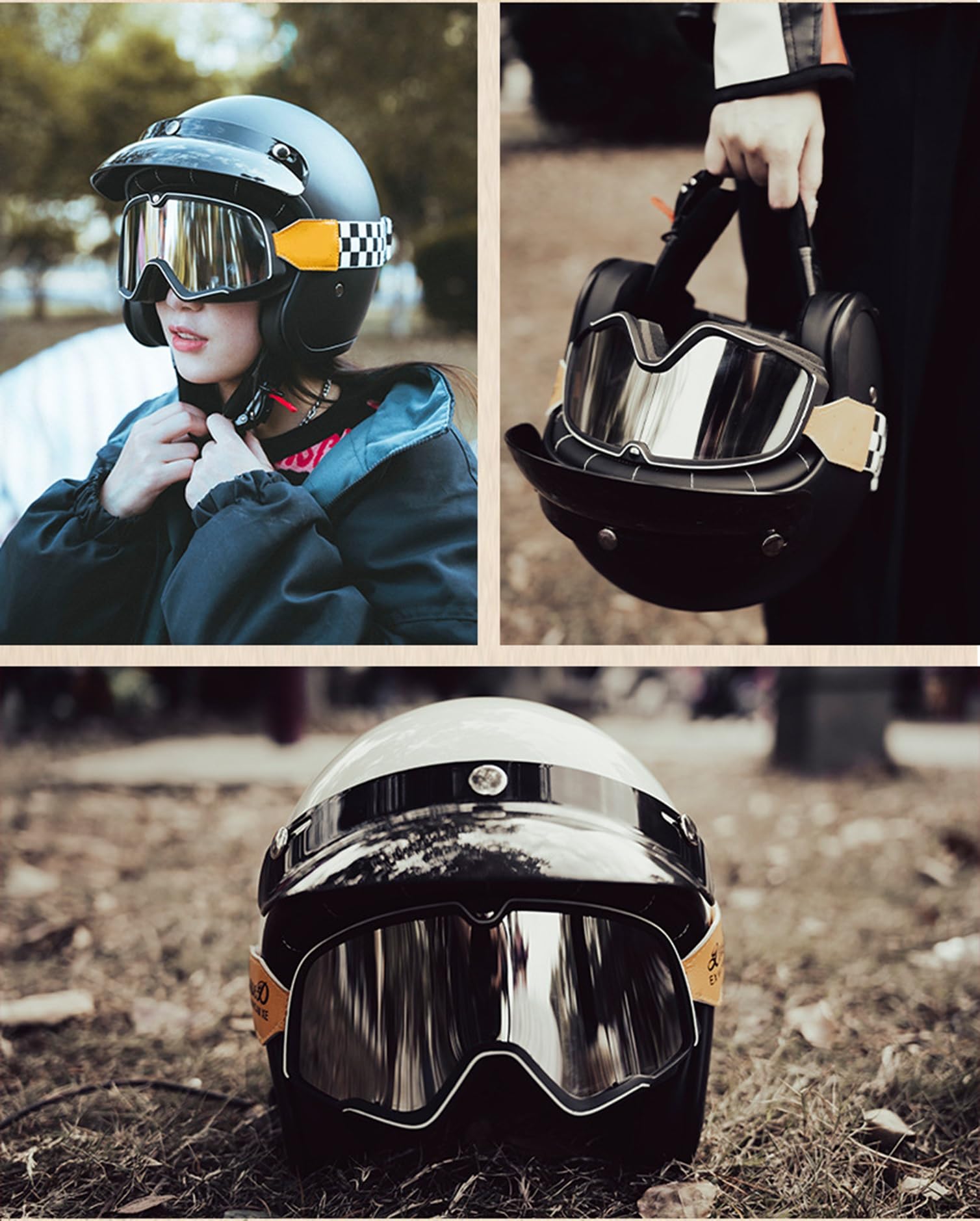 3/4 Vintage Open Face Helmet, Motocyklowy Półkask Zatwierdzony przez ECEDOT, Motocyklowy Kask Crash z Goglami, Retro Kask Motocyklowy dla Mężczyzn i Kobiet(4,L=59~60cm)