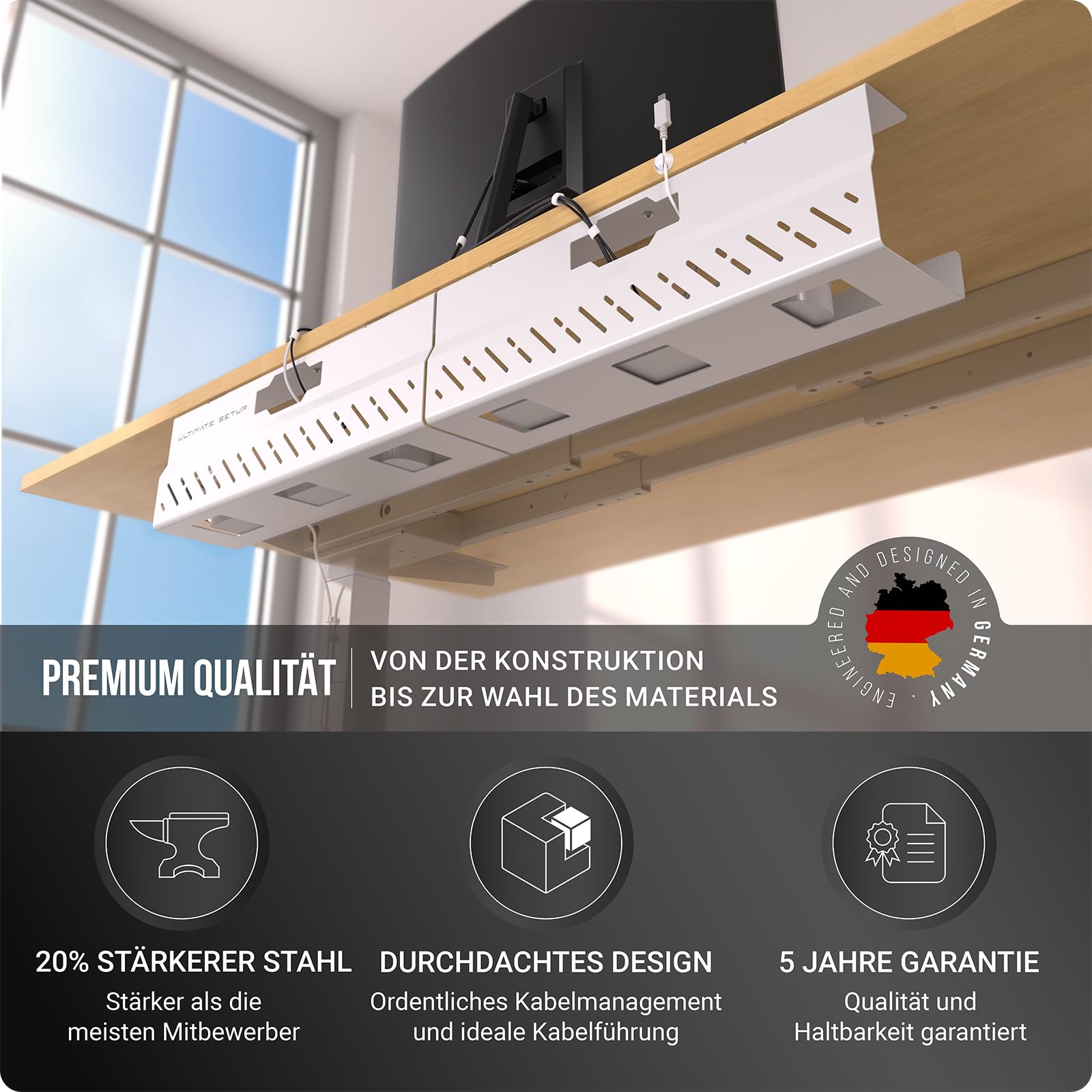 Premium Kabelkanal Schreibtisch – Ideales Schreibtisch Kabelmanagement, Kabelwanne, Tisch Kabelführung - Kabel Organizer – Kabelhalter Schreibtisch (Weiß, 2er Set)