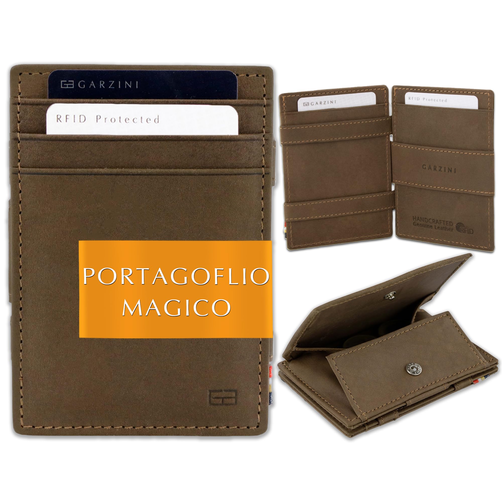 GARZINI Portafoglio Magico - in vera pelle, sottile e minimalista Magic Wallet da uomo con sistema di blocco RFID e portamonete