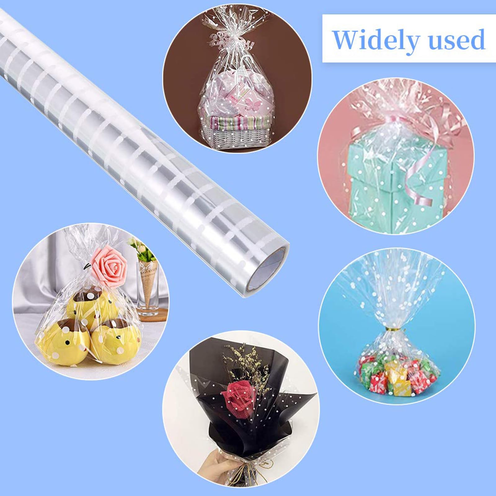 Carta Cellophane Per Regali - Rotolo 40 Cm X 30 M, Trasparente Con Stampa Pois, Per Fiori E Confezioni - Foto 7