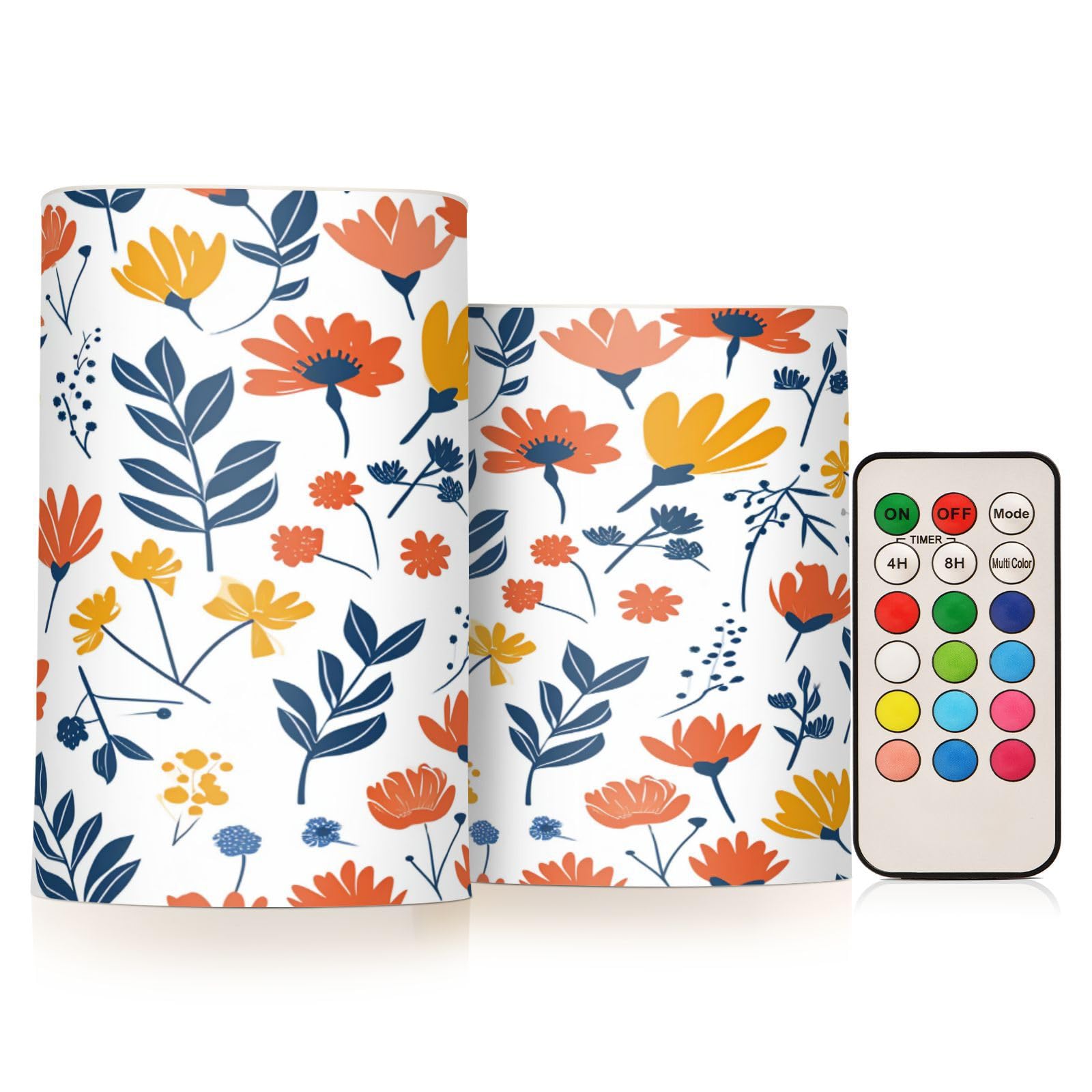 ALAZA Yellow Orange Floral Flickering Flameless Candles Battery Operated with Remote Timer,Tea Light Candles LED Pillar Votive Candles Set of 2 for Outdoor Indoor Decorations