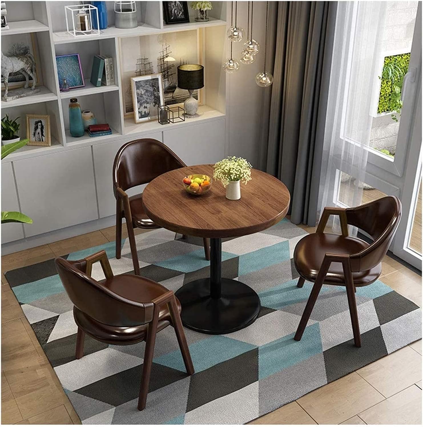 Office Table and Chairs Lounge Area Hotel Front Desk Negotiation Room Reception Restaurant Home Living Room Kitchen Balcony (Color : Wood+White Leather) (Wood Color+Beige Cloth)