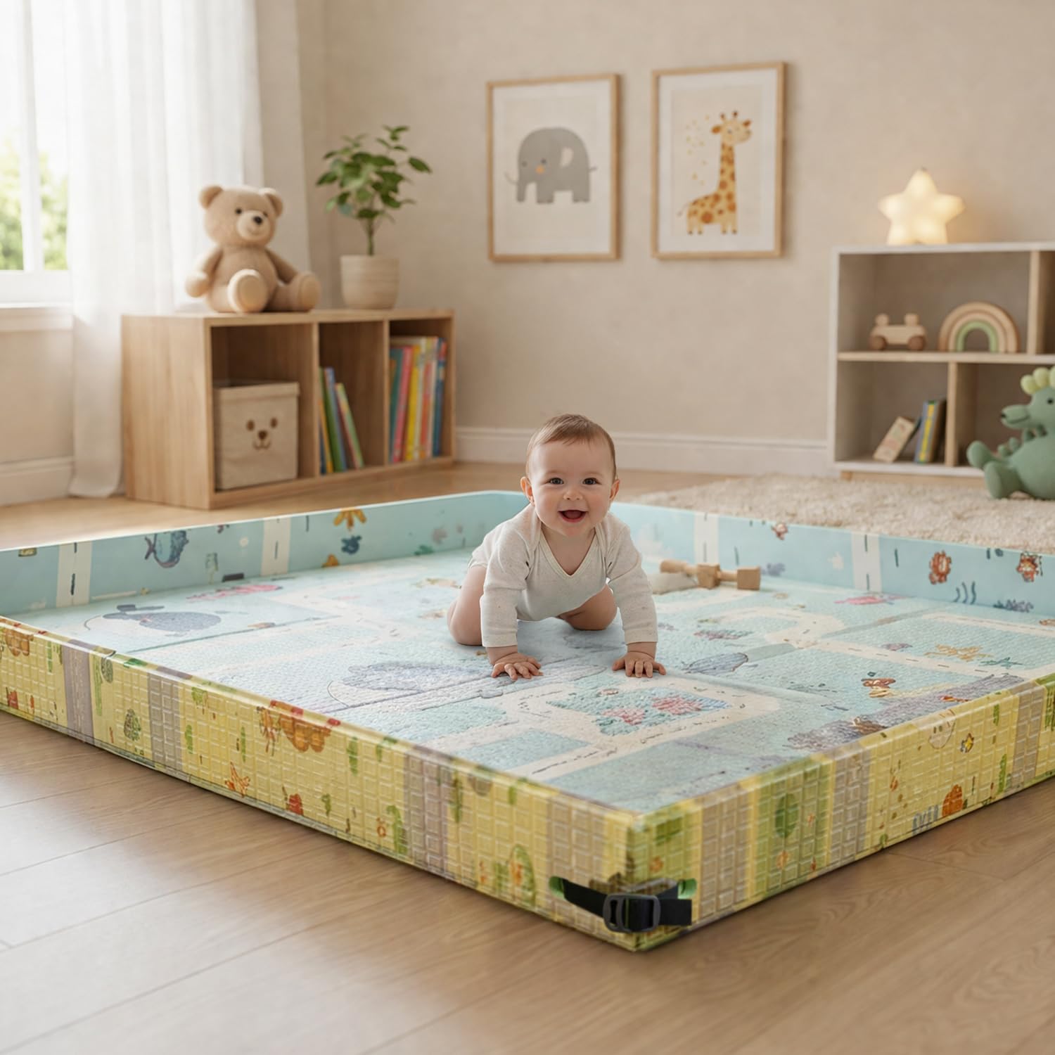 BabyPro Baby Play Mat, Reversible Mat with Foldable Edges, BPA-Free, Cross-Linked Polyethylene, XPE Bounce-Back Cushioned Foam, Waterproof Learning & Crawling Mat, 6x5ft, 0.5cm Thick, Play Trails-image-40