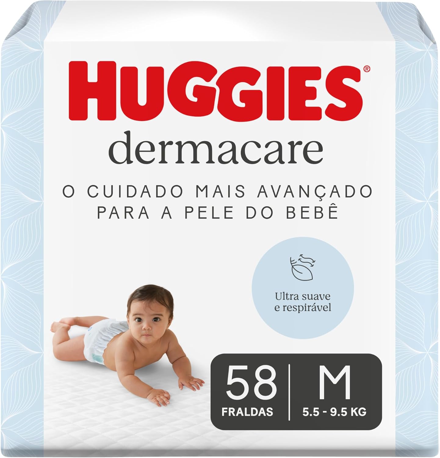 Fralda Huggies Premium Dermacare Tamanho M – 58 Fraldas Premium com formato anatômico, materiais ultra macios e respiráveis. Super absorção de até 12 horas e ajuda previnir assaduras