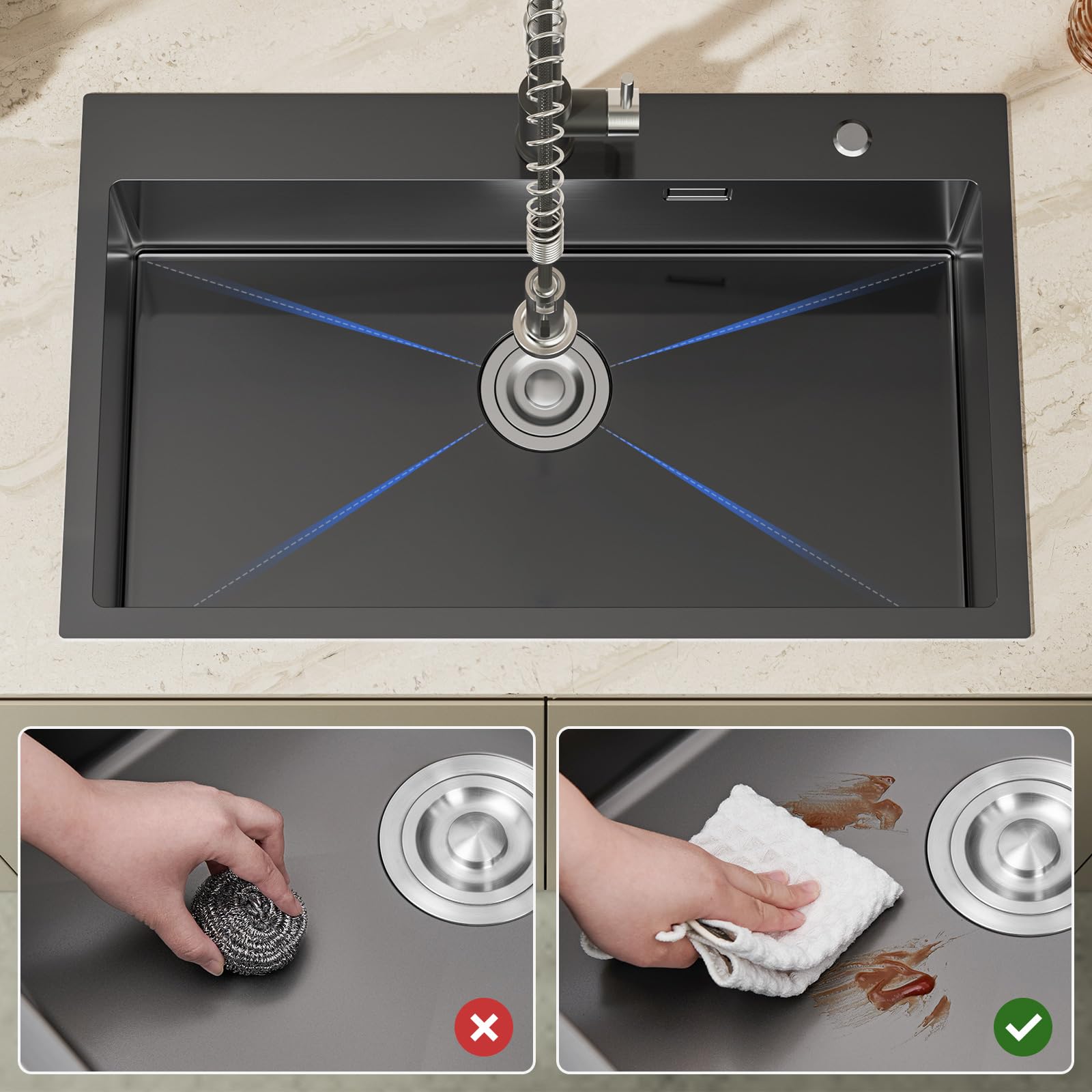 CECIPA 75x45 cm Évier Cuisine noir 1 Bac en Acier Inoxydable, Avec égouttoir pliable, dispositif anti-débordement et un kit de vidange, Convient 80 centimètres plus Évier intégré