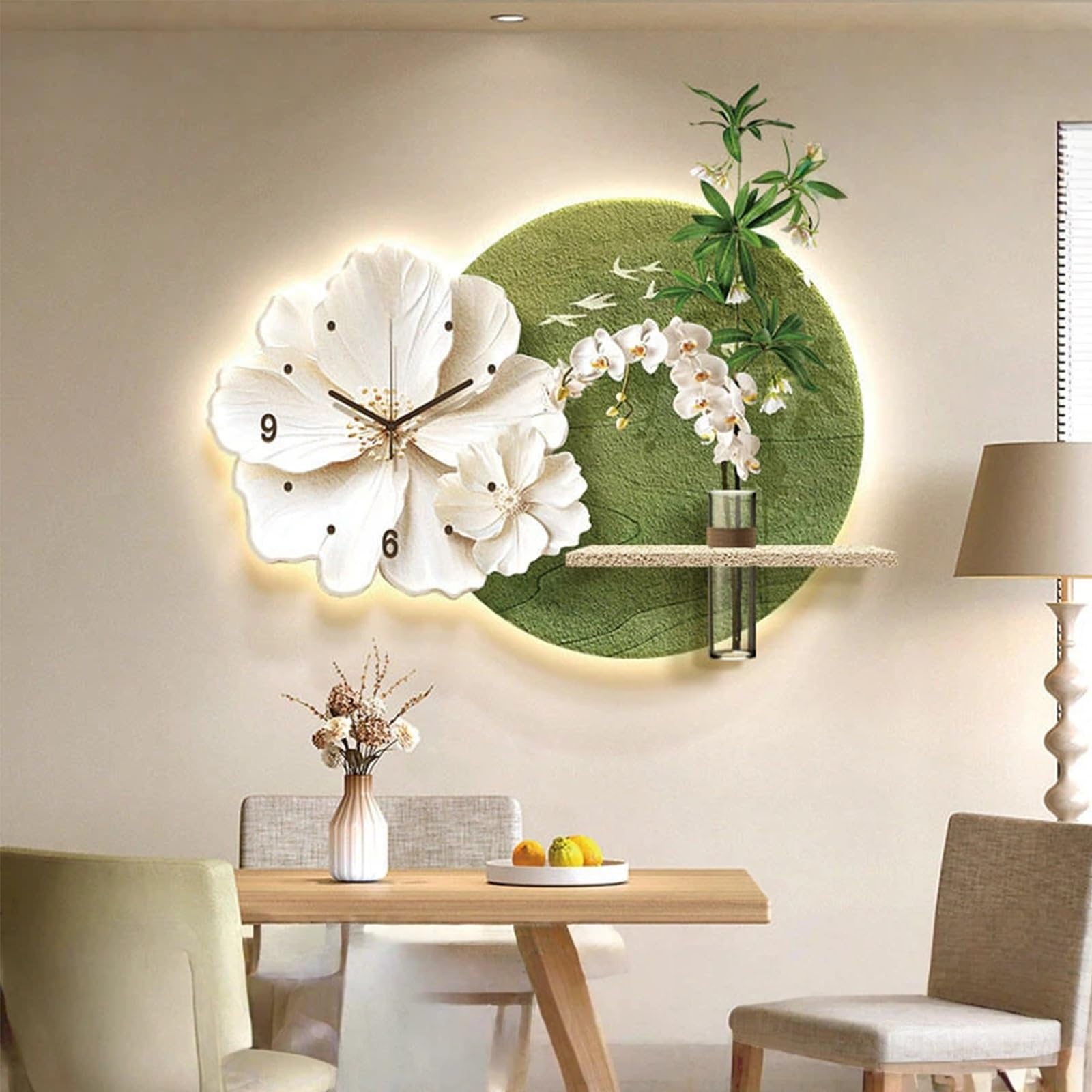 ITOSUI Sandstone Decorative Art Wall Clock with LED Light,Flower Wall Clock,Non-Ticking,Simple Wall Decoration,Plug-in Power Supply,for Living Room,Bedroom,Dining Room(Green,23.6 * 15.7in)