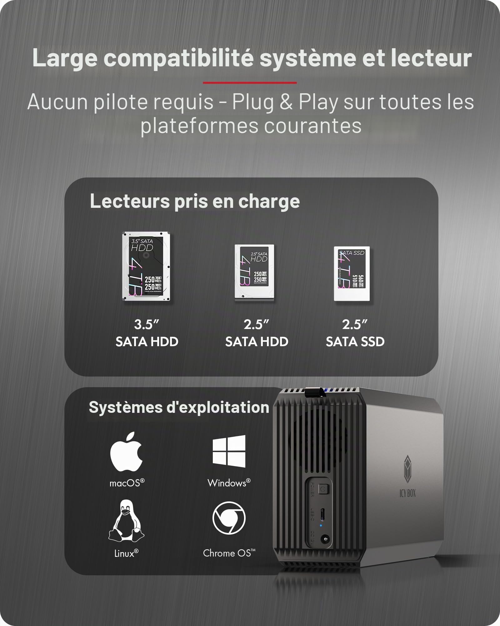 ICY Box (système Raid pour 2 disques durs/SSD 2,5"/3,5") USB 3.2 Gen 1 Type-C 5 Gbit/s, Raid 0/1/SINGLE/LARGE, Ventilateur intégré de 50 mm, indicateur d'état LED, IB-RD3720-CU3