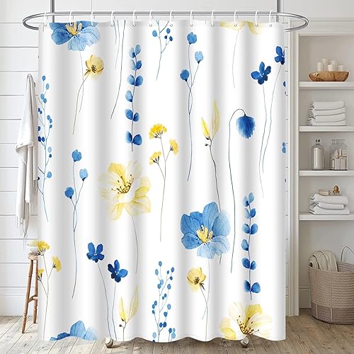 Miniatura 2 de ArtSocket Juego de baño floral azul amarillo con cortina de ducha, alfombra y accesorios, juego de cortina de ducha de hojas de flores de primavera,