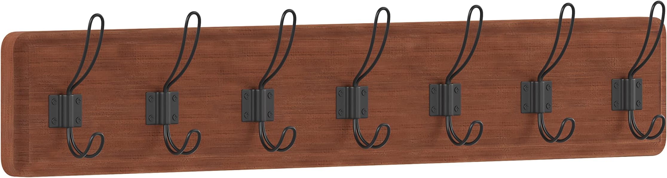 Rustic Brown Solid Wood Wall Mounted Coat Rack with Shelf, 7 Hooks, 34" Long - Kitchen, Mudroom, Entryway, Bathroom - Includes Mounting Hardware, Coat Hanger, Dog Leash Hooks