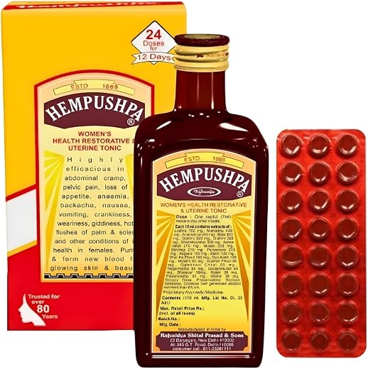 HEMPUSHPA: Ayurvedic Tonic For Women’s Health, Restorative &amp; Uterine, Pack of 170-ML Syrup with 24 Hemtab Tablets (24 Doses)