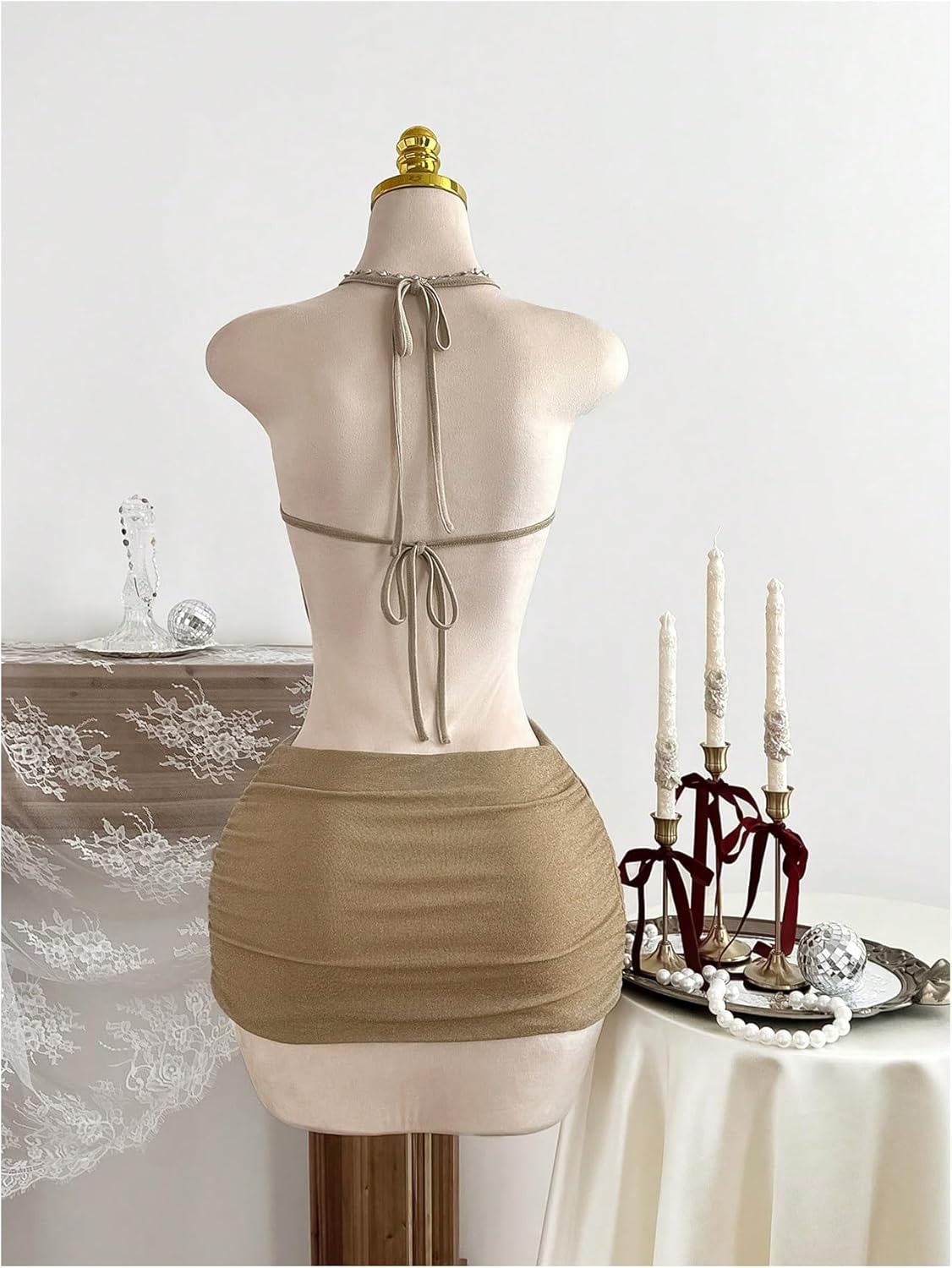 SOLY HUX Women's Open Back Halter Mini Dress Sleeveless Tie Backless Ruched Bodycon Party Club Dresses