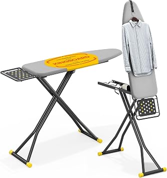 Ironing Board 43x13, 2-in-1 Flat & Steam Ironing Board with Dual Iron Rest, Sturdy Steel Frame & Non-Slip Feet, Hanging Clothes Rope for Steam Ironing, Foldable for Easy Storage, Space-Saving Grey