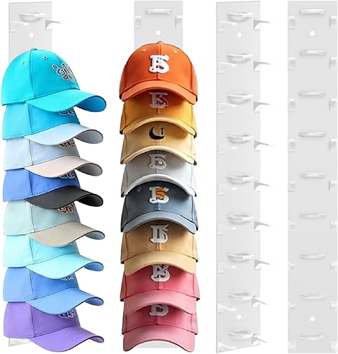 Hat Organizer for Baseball Caps, 2 Pack Hat Rack for Wall Hold up to 18 Hats Strong Adhesive Hat Hooks Stand Multilayer Hat Hanger Organizer Storage Holder Display for Door Closet Bedroom（White)