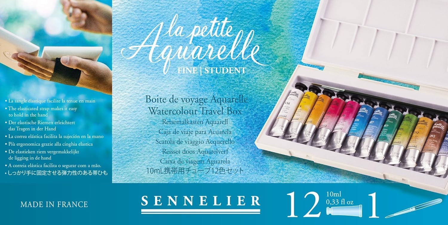 Sennelier Boîte de Peinture Aquarelle en Plastique, 12 Couleur x 10ml avec Pinceau et estompe,Made in France