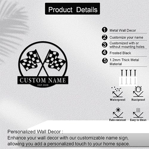 Miniatura 3 de Letrero de metal personalizado con bandera de carreras a cuadros, arte de pared de metal personalizado, letrero de nombre con monograma de bandera a