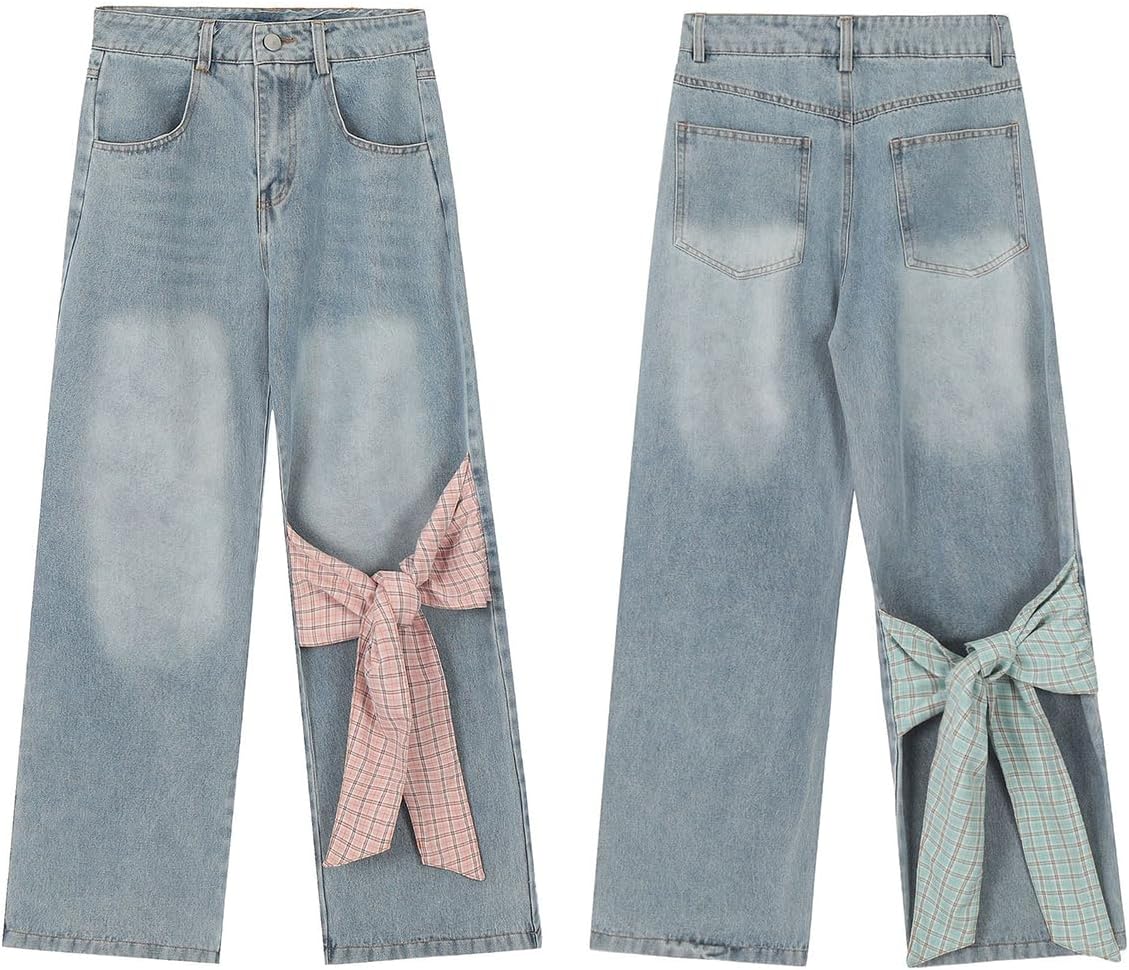 Fashion Straight High Waisted Wide Leg Jeans Casual Y2K Gradual Plaid Bow Tie Patchwork Denim Pants
