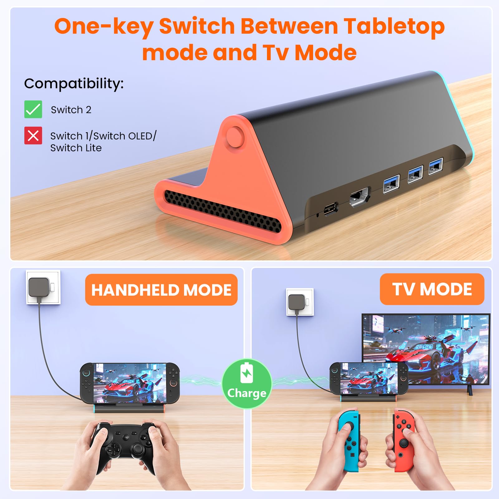 Switch 2 TV Dock Portatile Base Support Compatibile con Nin-tendo S-witch 2,Dock Switch 2 Adaptador TV Hub con 4K@120Hz HDMI + 100W Carga Entrada + 3XUSB3.0,Portátil Docking Station Cargador S-witch 2