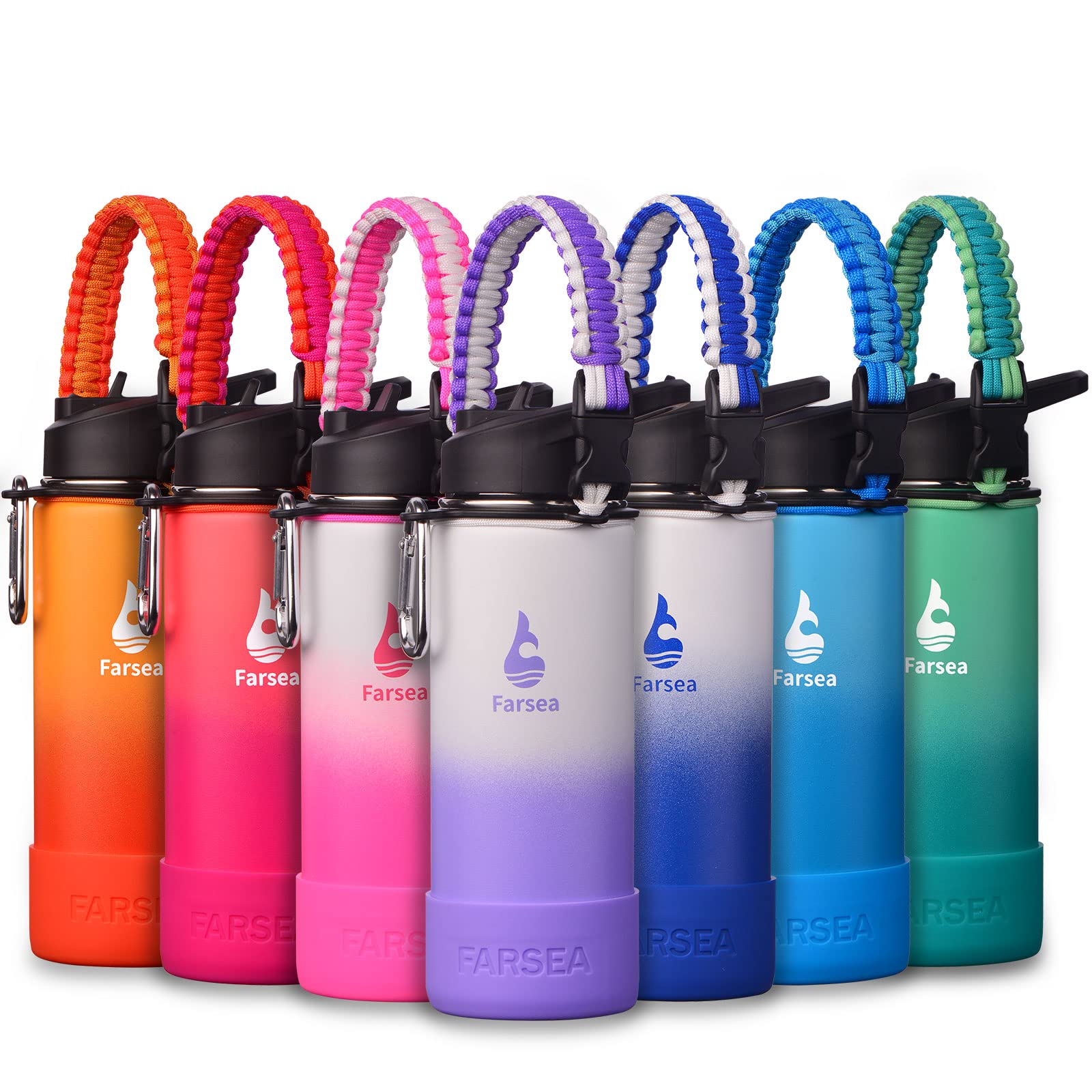 Farsea Insulated Water Bottle With Paracord Handle, Protective Silicone Boot and 2 Lids (Straw Lid & Spout Lid), Stainless Steel Water Bottle Wide