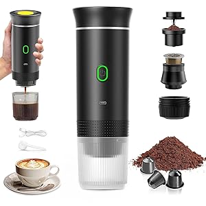 Cafetera Portatil, Cafetera Portátil Cápsula de Espresso 3 en 1, Autocalentamiento de 2a6 Minutos, Para Cápsulas Pequeñas o Grandes y Café Molido,Cafetera Portátil para Oficina y Hogar (Negro)