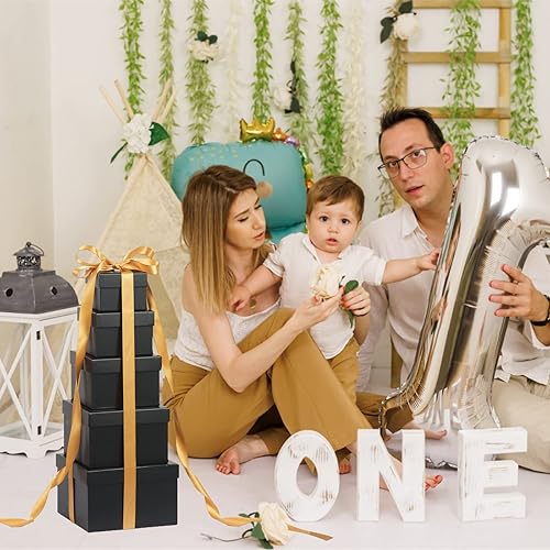 Miniatura 4 de Paquete de 5 cajas de regalo cuadradas anidadas con tapas para regalos, caja de regalo negra con etiqueta de cinta de relleno, caja de regalo