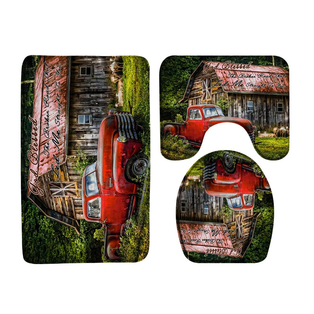 Vintage Farm Truck 3 Pcs Bath Rugs Set,Old Antique Car Rustic Wooden Barn Sheep Farmhouse Animal Western Country Bathroom Kitchen Rug with 17.8