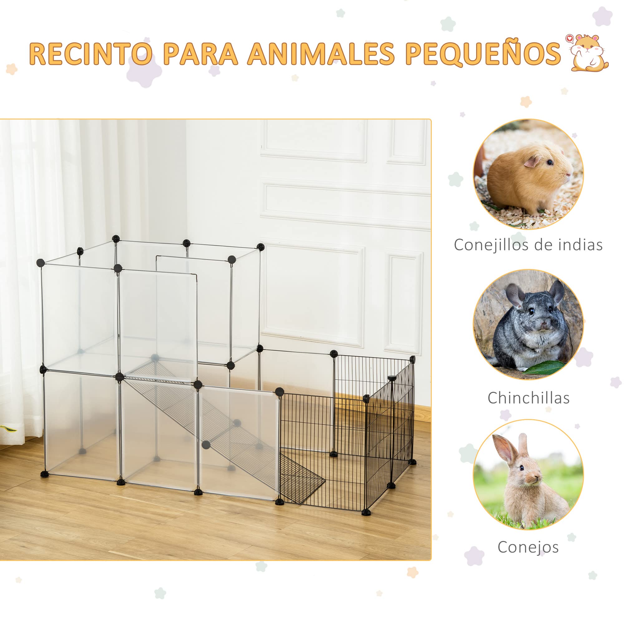 PawHut Jaula para Animales Pequeños Parque para Mascotas con 27 Paneles y Forma Personalizable para Cobayas Conejos Chinchillas 140x70x90 cm Transparente