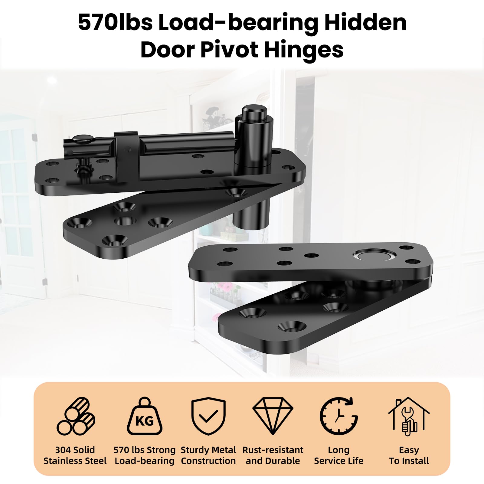 Verstecktes Drehscharnier, 258,5 kg belastbar, robuste Hardware für Bücherregal, Murphy-Tür-Set, 360 Grad drehbar, unsichtbare Scharniere für Geheimtür, Schwarz