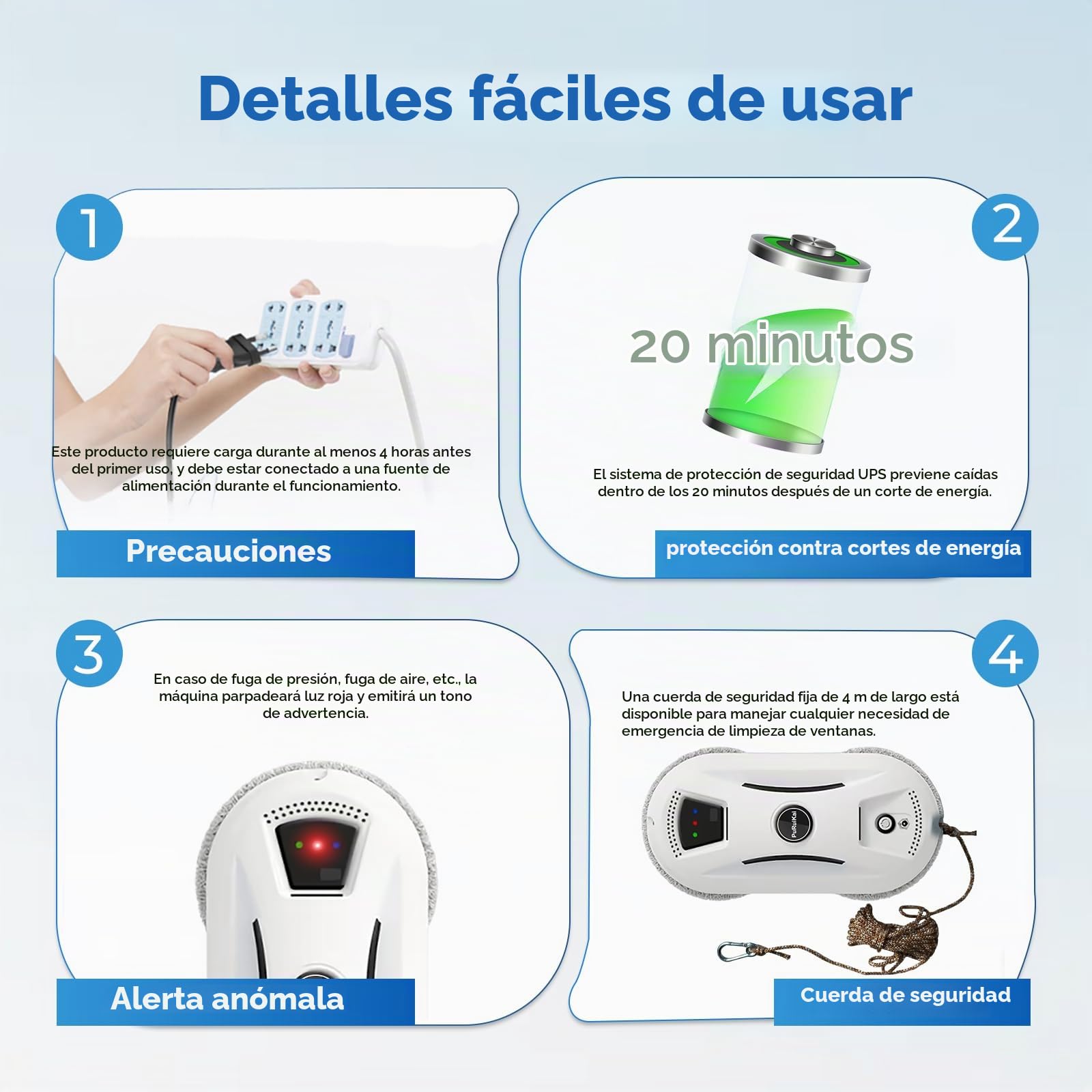 PRK-N361 - Robot de lavado de cristal con mando a distancia, 10 paños de limpieza, cuerda de seguridad y botella rociadora | Con control remoto, 10 paños de limpieza, cuerda de seguridad, botella de spray