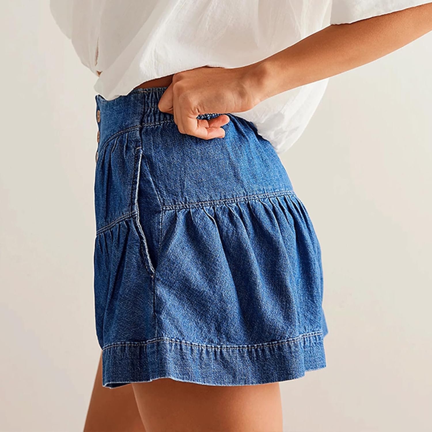 CHARTOU Women Cute Ruffle Hem Denim Short High Waist Wide Leg Jean Shorts Flare Stretchy Short with Pockets - Image 3