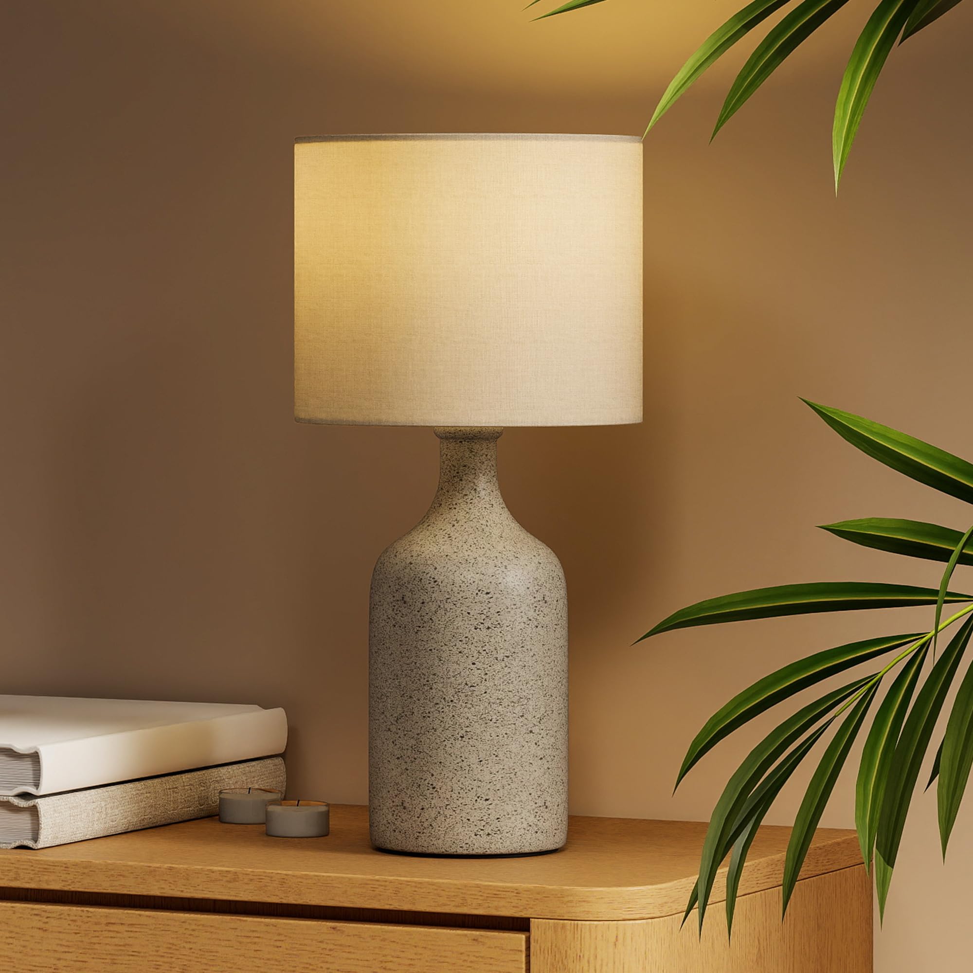 HOMCOM Tischlampe Tischleuchte Vintage Keramiksockel Sandbraun+Weiß | Nachttischlampe, Schreibtischlampe, Leinenschirm, Wippschalter, Leselampe mit E27 Fassung, für Schlafzimmer Wohnzimmer