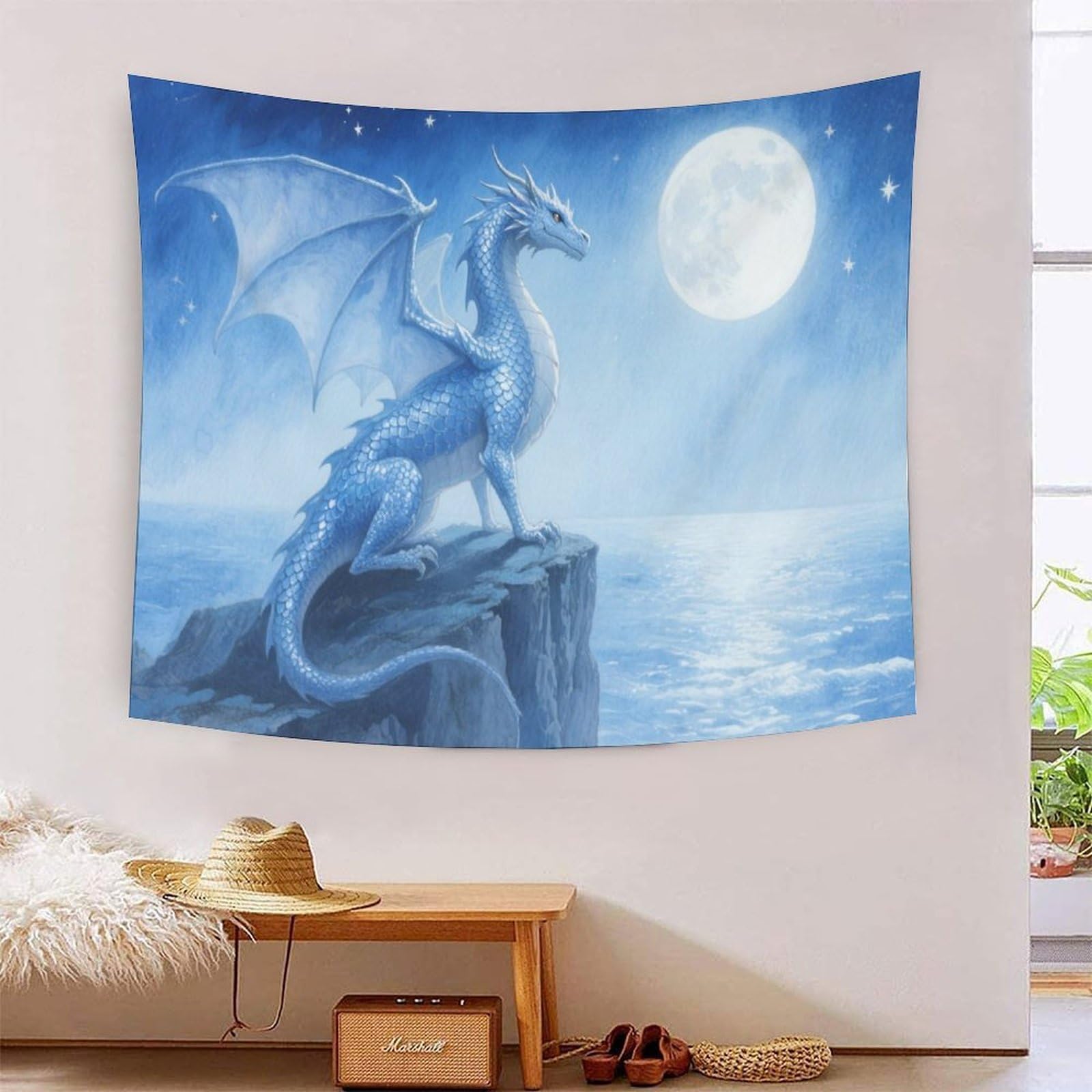 YYVKPMLXC 3D European Dragon Printed Tapestry Wall Hanging Decoration Wall Blanket,Moonlit Ocean Window Tapestries Polyester for Kids Boys Girls Bedroom Living Room 100cmx150cm
