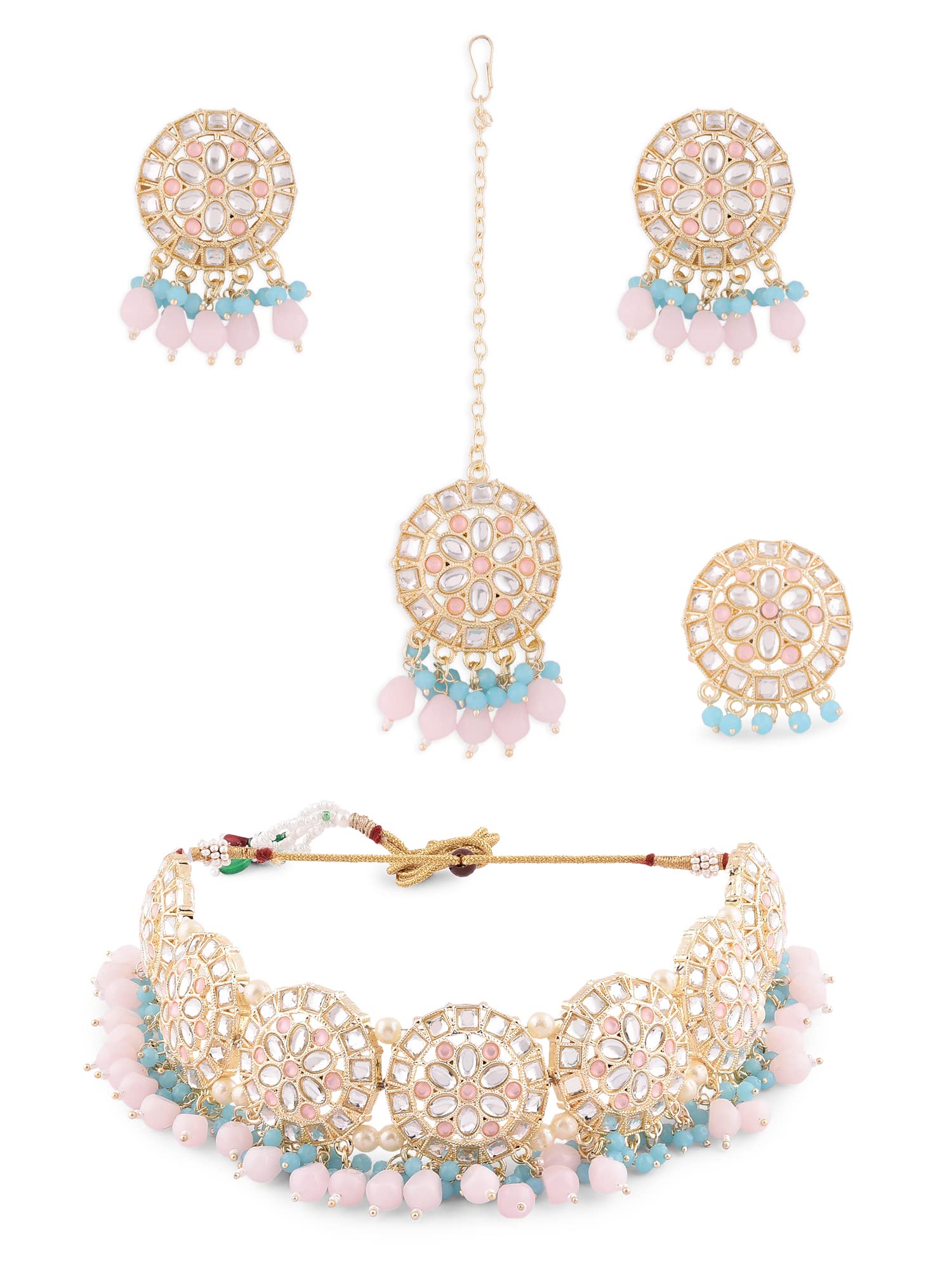 ZAVERI PEARLS Turquoise Blue & Pink Beads Ethnic Kundan Choker Necklace Earring Maangtikka & Ring Set For Women-ZPFK14396 (B0B6RLH9Y8) Amazon Price History, Amazon Price Tracker