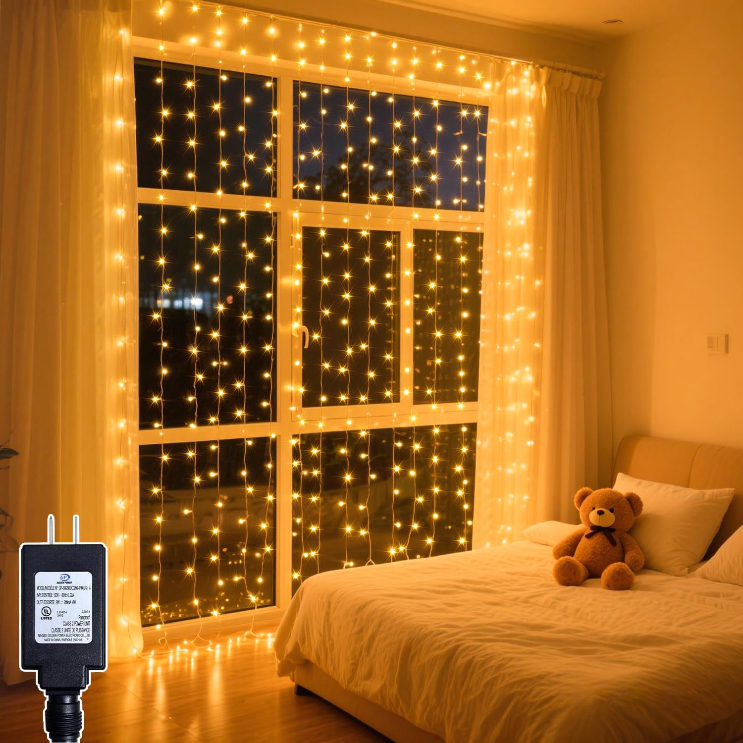 Soagrc 300 LED Curtain String Lights 9.8FT Plug in Fairy Lights with Timer and 8 Modes, Waterproof Window Wall Lights for Bedroom Wedding Party Indoor