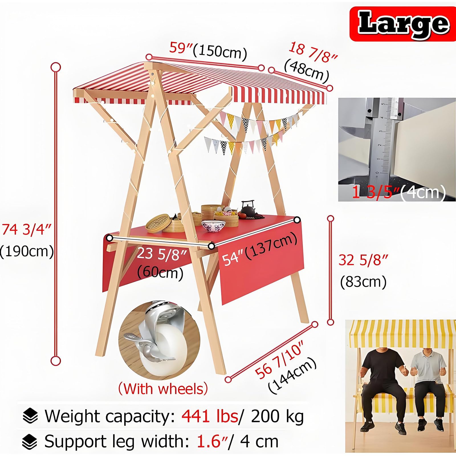 Genérico Carrito de Comida portátil y Plegable de Madera con Ruedas para vendedores ambulantes: Ideal para Vender Perritos Calientes, café, Flores y Dulces en mercados y Eventos.