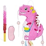 WERNNSAI Foldable Dinosaur Piata - Pull String Dinosaur Birthday Party Supplies Extendable Piata with Blindfold Bat and Tassels Dinosaur Birthday Decoration Pink Dinosaur Piatas for Classroom Game