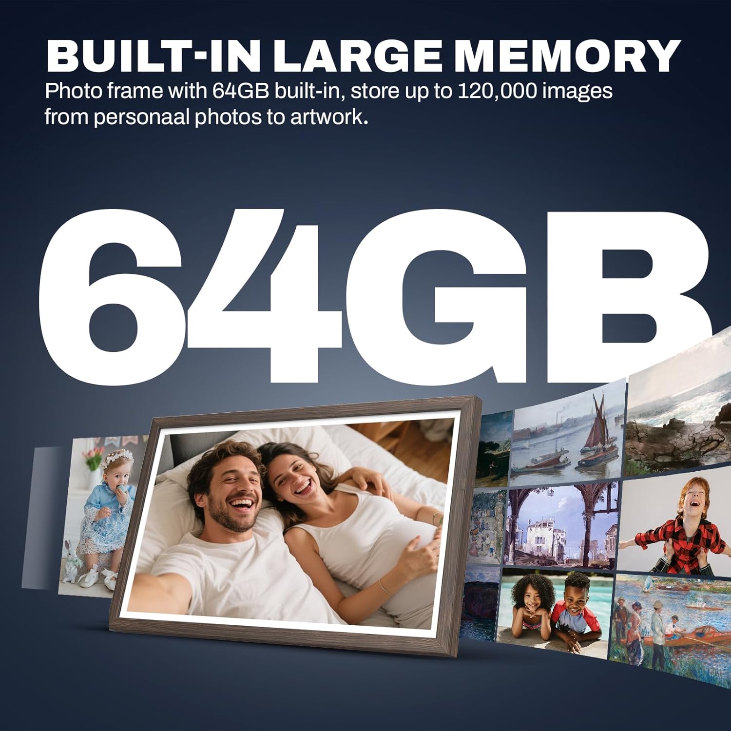 27" Large Digital Picture Frame, 64GB, Anti-Glare Non-Touch, WiFi Wall-Mount Frame for Home/Business, 1920x1080 FHD, Share via App, Email, USB & Micro SD, Remote Included, Black, Dark Wood