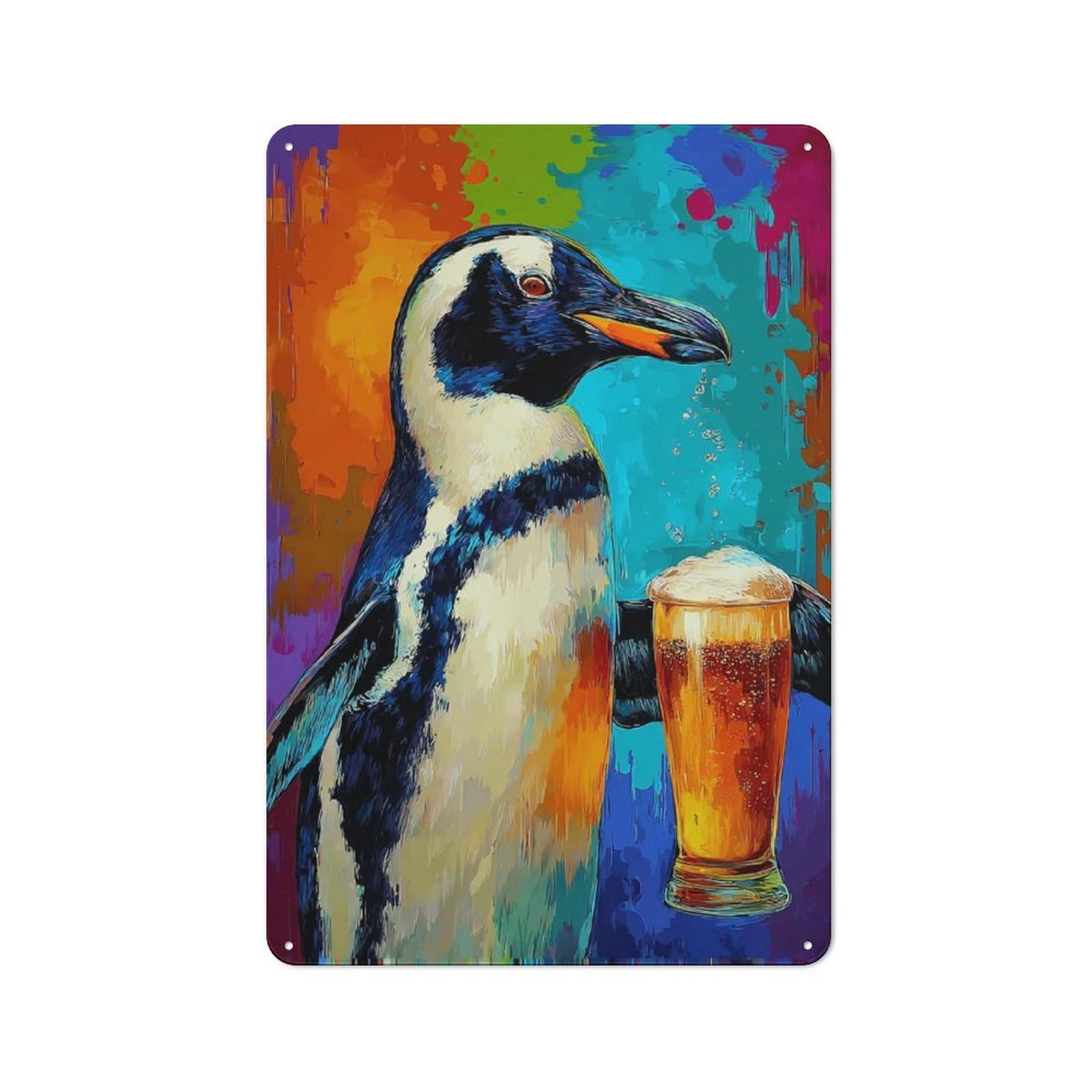 Junmoney Penguin With Beer Colorful Art Clean Industrial Industrial Metal Sign 30X20cm, Studio Wall Art For Loft, Studio, Office Or Creative Room