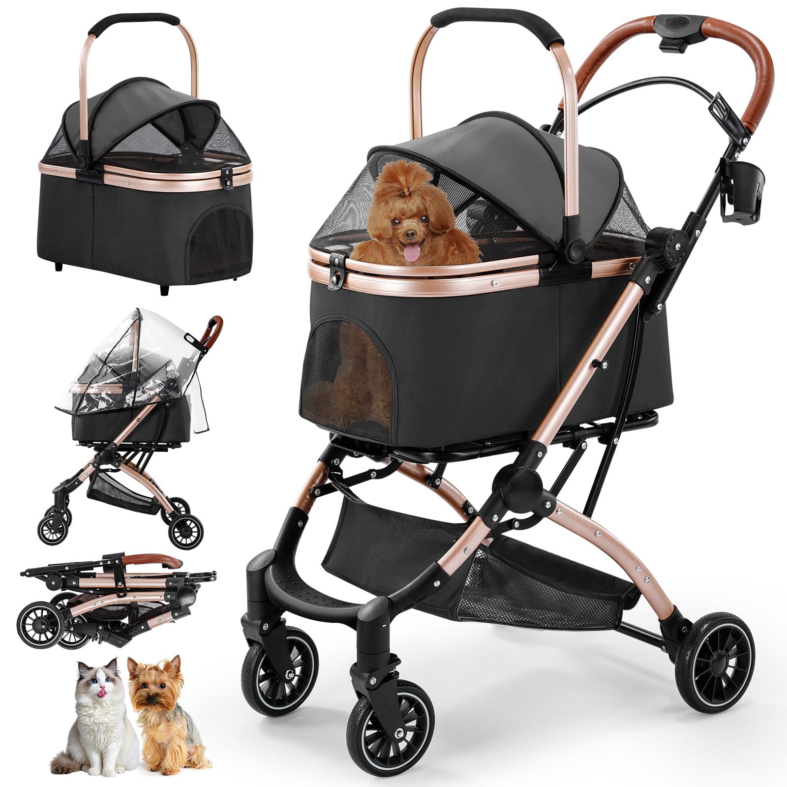 Gimars Passeggino Pieghevole per Cani Gatti 4 in 1 fino a 20 kg, Passeggino Cane con Trasportino Staccabile Cestello, Ruote Anteriori 360°, Parapioggia Freni Portabicchieri Cestino Portaoggetti, Nero