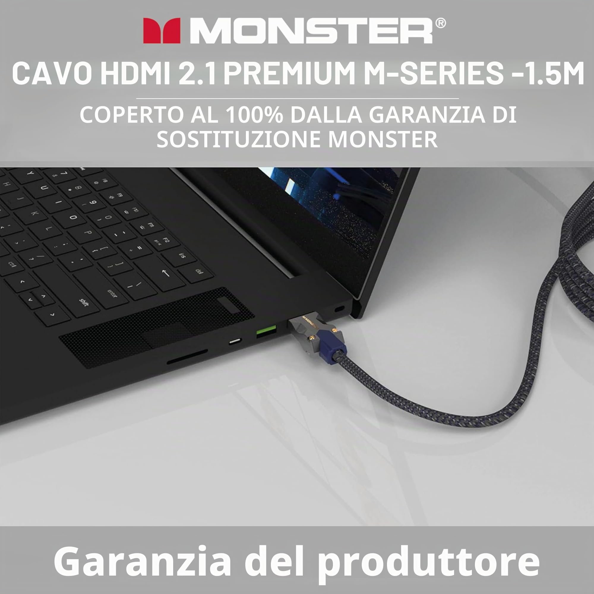 Monster - Cavo HDMI 8K Video HDR 48GBPS, Velocità Flash, Connettori V-Grip Tripla Schermatura, 1,5 m, Nero