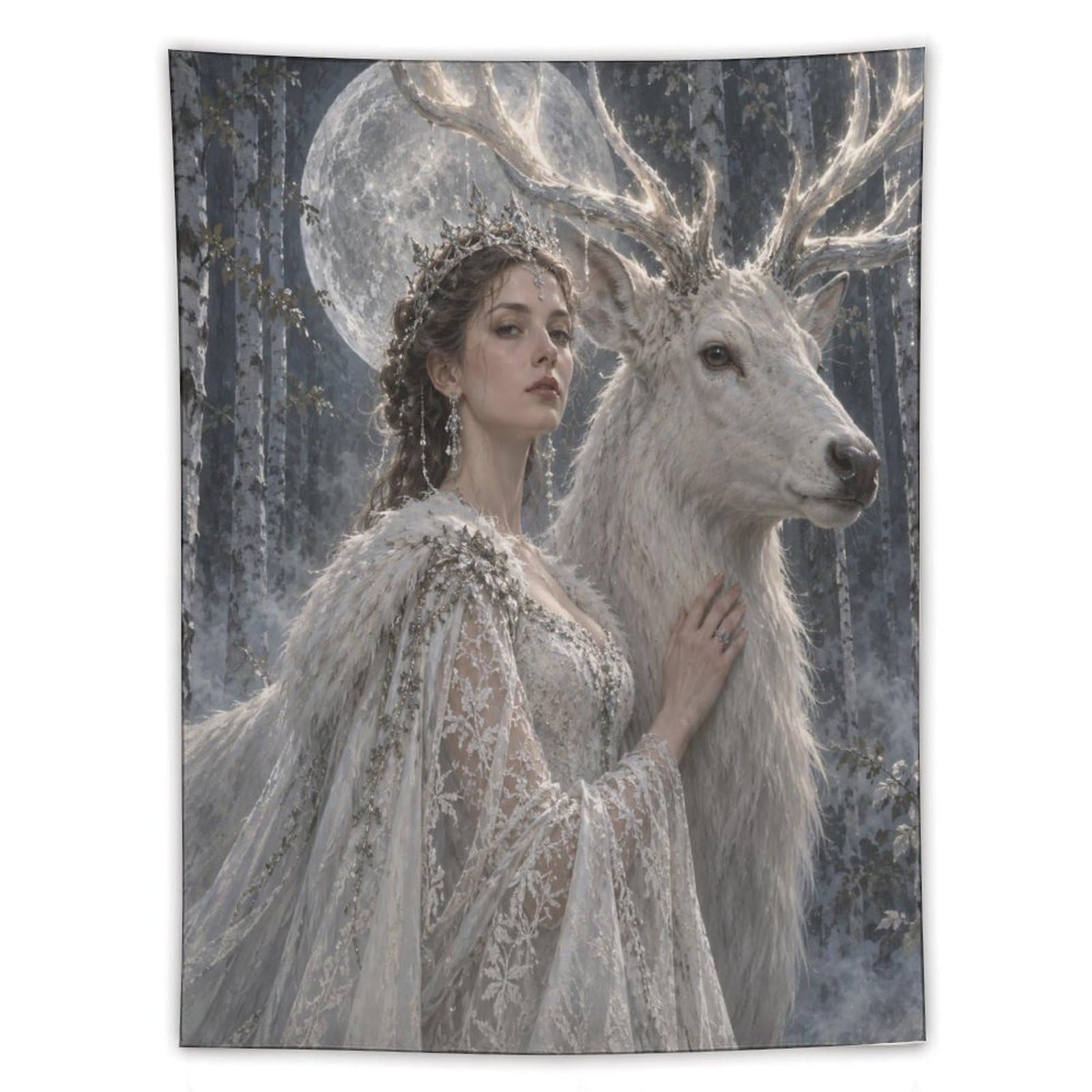 H3B8U2Y5 White Deer Woman Wall Tapestry, Fantasy Illustration, Entryway