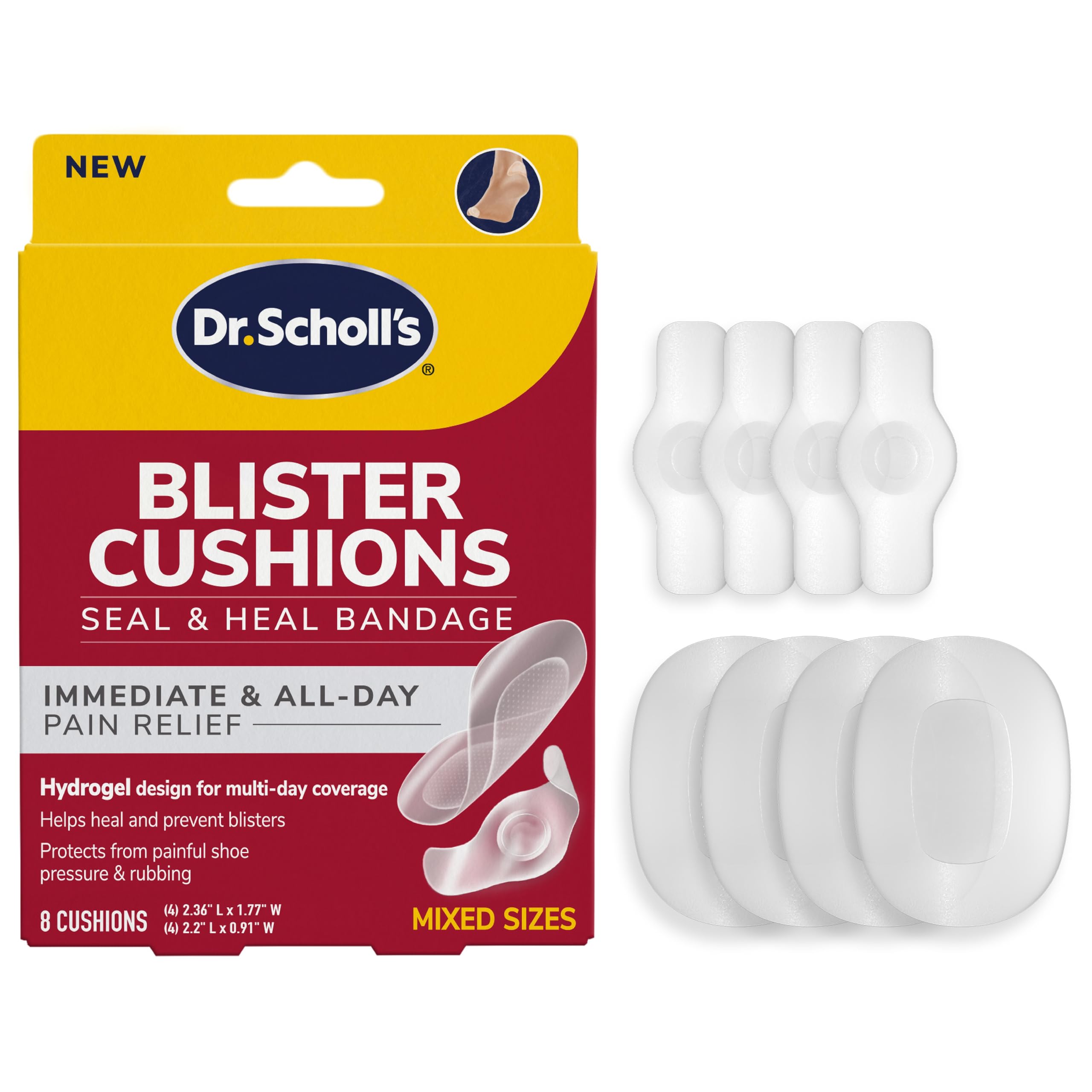Dr. Scholl's Blister Cushions Seal & Heal, Blister Prevention Pads, 8 ct | Blister prevention pads for feet, toes, heels & hands, blister prevention, hydrogel technology, water-resistant heel pads
