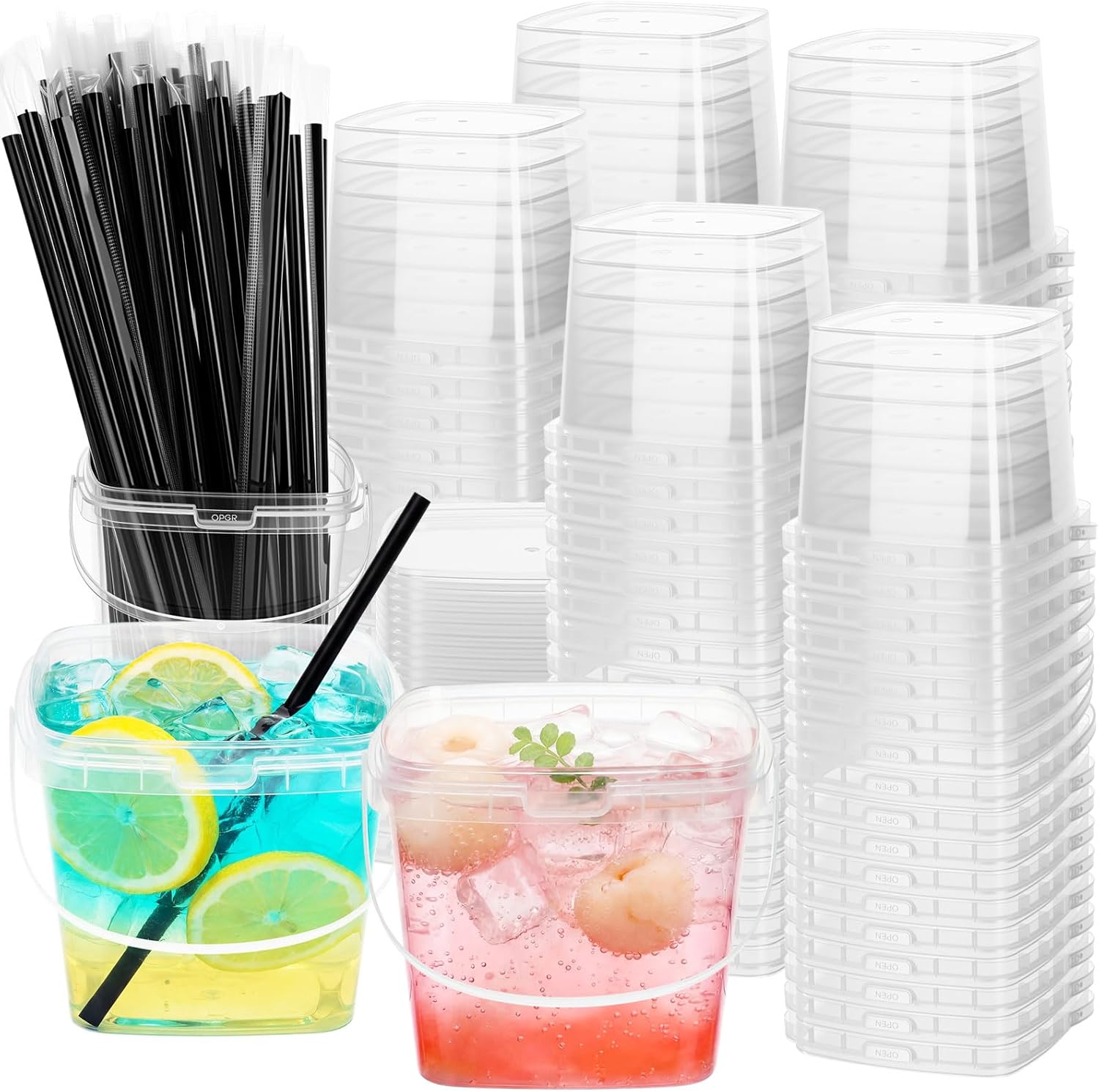 100 Pcs 25 oz Square Clear Drink Buckets with Lids and Straws Reusable Plastic Bucket Cups with Handle for Ice Cream Coffee Cocktail Large Food Safe Party Cup for Pool Beach Bar Birthday