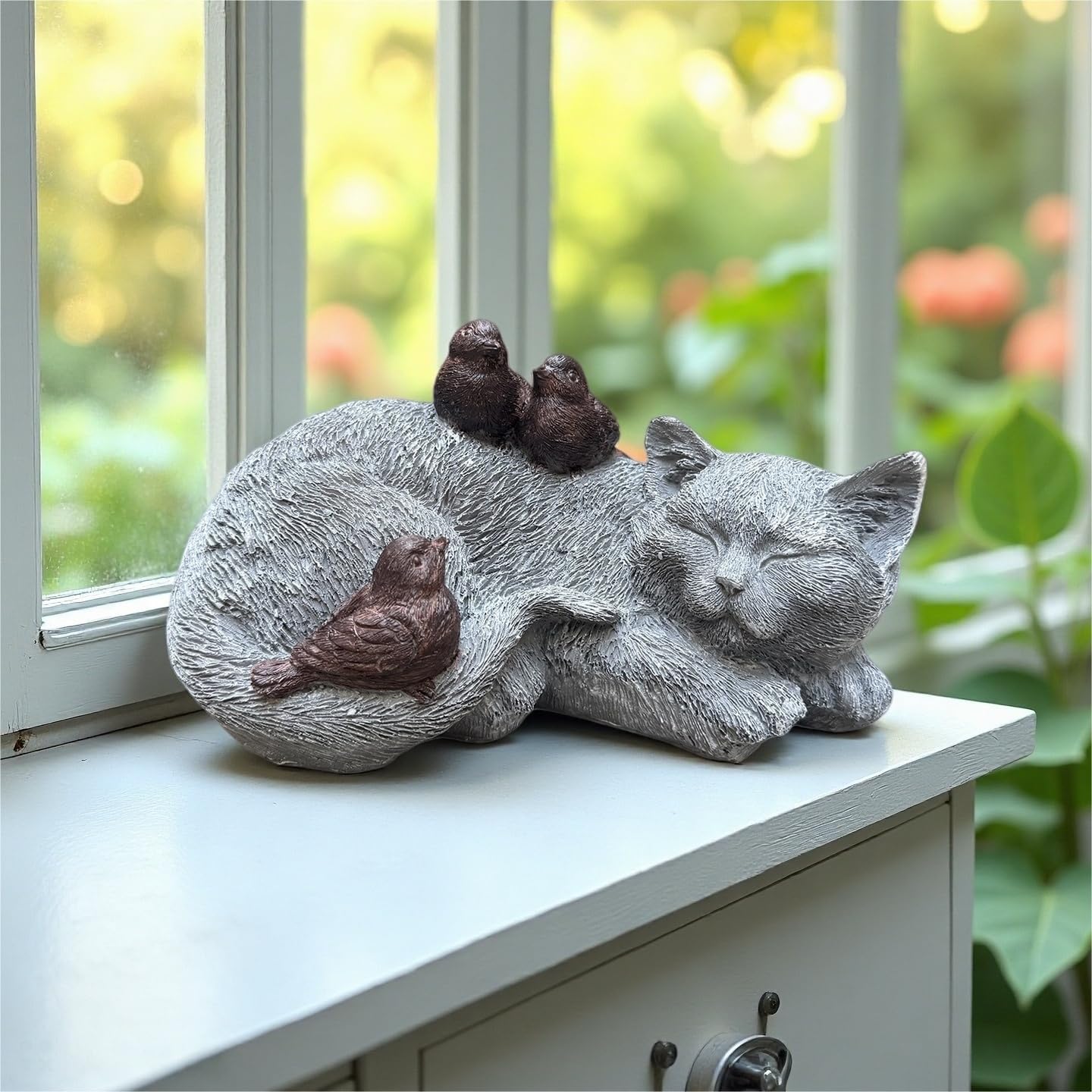 Resin Sleeping Cat Memorial Statue with Birds – Indoor Outdoor Garden Figurine Decor for Patio, Yard & Home, Realistic Tribute Sculpture, Sympathy Gift for Pet Lovers (11.4×7.3×5.9 in)