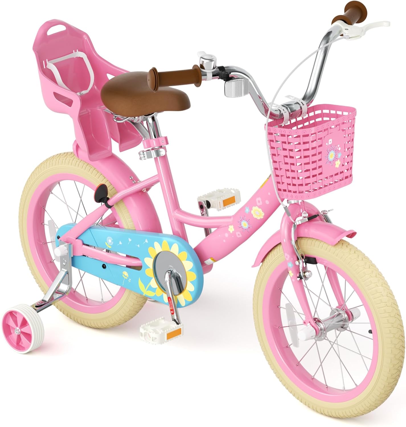 KORIMEFA 12 14 16 Inch Baby Girls Bikes Ages 2-4 4-6 6-8 with Training Wheels, Little Small Kids Princess Toddler Bicycle with Basket and Doll Seat, Coaster Brake, Birthday Halloween