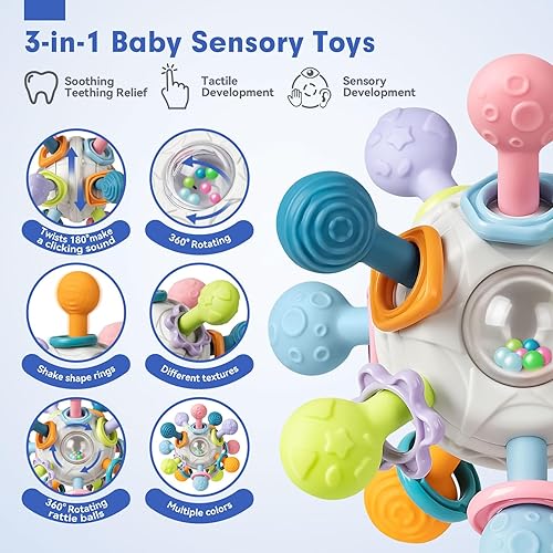 Miniatura 3 de Jyusmile Juego de juguetes sensoriales para la dentición para bebés, juguetes Montessori para bebés de 6 a 12 meses, incluye mordedores de sonajero