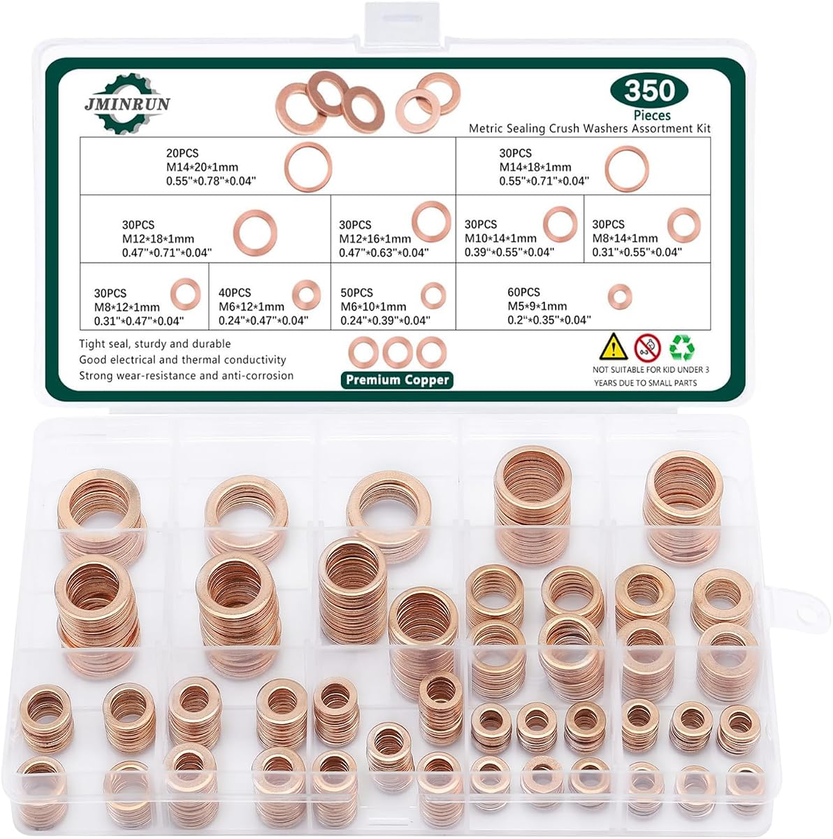 350 PCS, Premium Copper Metric Sealing Crush Washers Assortment Kit, Enhanced Flat Ring Oil Drain Plug Crush Washer Gasket Seal Set, Banjo Bolt Washers for Automotive, Motorcycles （10 Size）